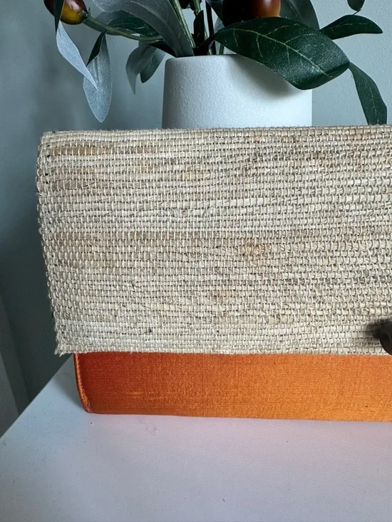 Handmade Vintage Woven Straw Coastal Clutch Orange Silk Boho Beach Resort Bag - Picture 3 of 10
